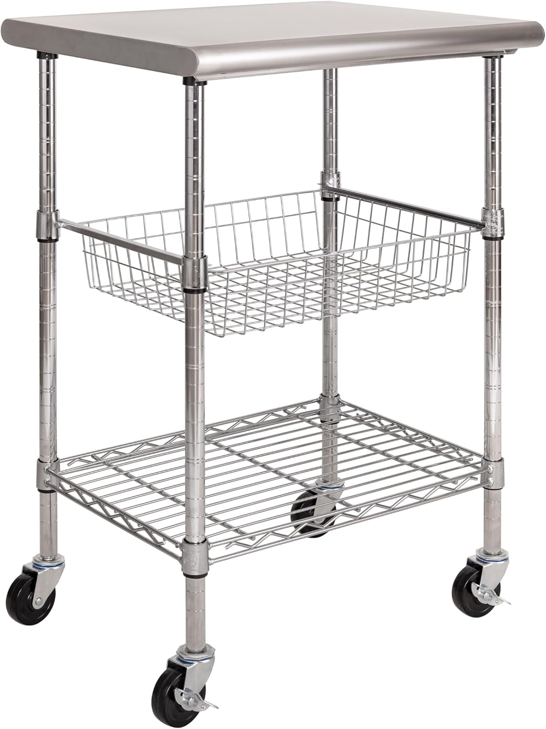 Kitchen Baking Cart - โต๊ะเตรียมอาหารสแตนเลสสำหรับใช้งานเชิงพาณิชย์, ชุดครัวเคลื่อนที่พร้อมชั้นวางอเนกประสงค์, ชั้นวางลวดปรับระดับได้และตะกร้าเลื่อนพร้อมล้อล็อกได้สำหรับการปรุงอาหาร, อบขนม และเตรียมอาหาร
