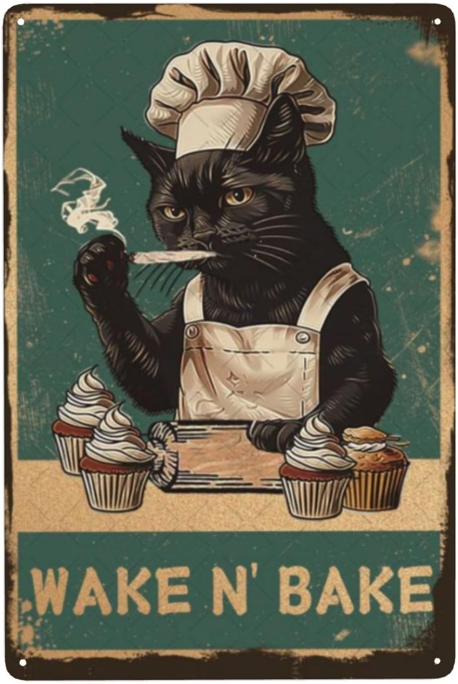 Kitchen Baking Wall Art - ป้ายโลหะ Wake N' Bake รูปแมวดำ ตกแต่งผนังห้องครัว